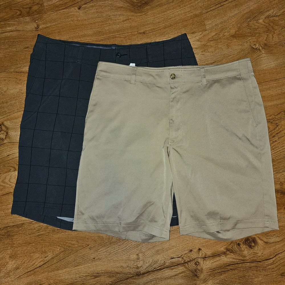 PGA Tour Mens Golf Shorts Bundle Size 36 Khaki & Black Windowpane Stretch 2 Pack